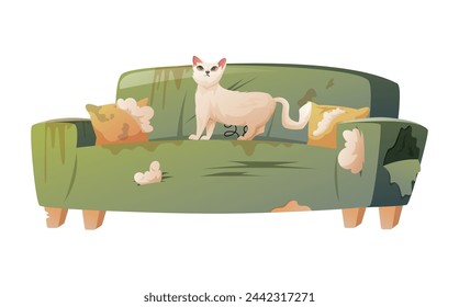 Gebrochenes, schmutziges Heimsofa, von einer weißen Katze gekratzt. Haustier beschädigte Möbel für Wohnzimmer Interieur. Vektor isolierte Cartoon-Illustration.