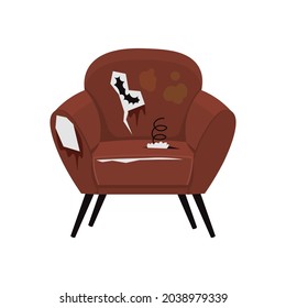 Broken, dirty red old armchair with holes and springs. Junkyard furniture. Flat vector illustration isolated on the white background.