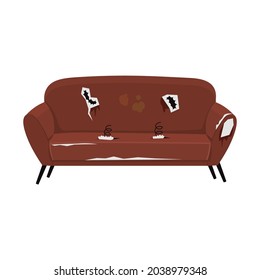 Broken, Dirty Red Old Sofa With Holes And Springs. Junkyard Furniture. Flat Vector Illustration Isolated On The White Background.