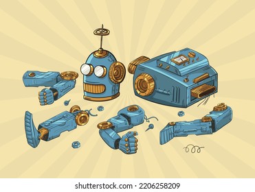 Broken or disassembled  cartoon vintage robot. Pop art retro illustration. Comic book style.