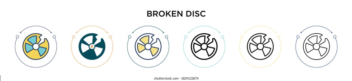 Broken disc icon in filled, thin line, outline and stroke style. Vector illustration of two colored and black broken disc vector icons designs can be used for mobile, ui, web