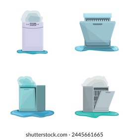 Broken dishwasher icons set cartoon vector. Damaged household dishwasher. Repair maintenance