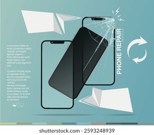 broken display in mobile phone, repair service. Vector illustration