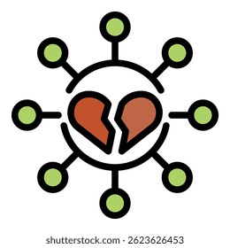 Broken divorce heart icon. Outline broken divorce heart vector icon color flat isolated