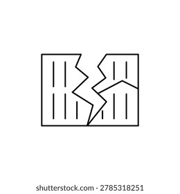 Broken document error line icon. A minimalist black outline icon showing a rectangular document split by a jagged crack. Ideal for file error and data corruption notifications.