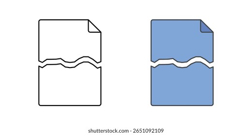 Ícone de documento quebrado com arquivo e uma quebra visível no papel, ideal para violação de dados, arquivos corrompidos e ilustrações de problemas de segurança digital.