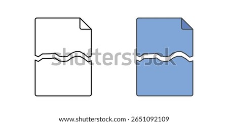 Broken document icon with file and a visible break through the paper, ideal for data breach, corrupted files, and digital security issue illustrations.