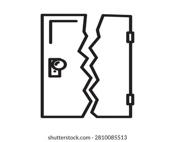 Broken door icon. Damaged entrance symbol. Security breach line art sign.
