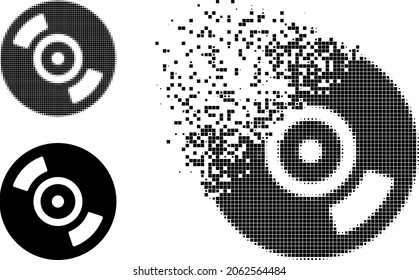 Zerbrochene Dot CD-Disc-Glyphe mit halftone Version. Vektorzerstörungseffekt für CD-Disk-Symbol. Pixel Explosion Effekt für CD-Disc gibt Geschwindigkeit von virtuellen Konzepten.