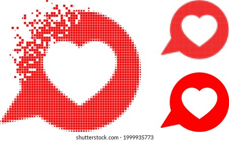 Broken dot love message pictogram with halftone version. Vector wind effect for love message pictogram. Pixel creation effect for love message demonstrates speed of cyberspace matter.