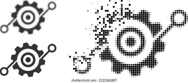Broken dot smart gearwheel pictogram with halftone version. Vector wind effect for smart gearwheel pictogram. Pixelated disintegration effect for smart gearwheel gives speed of virtual world.