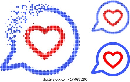 Broken dotted romantic heart message icon with halftone version. Vector destruction effect for romantic heart message icon.