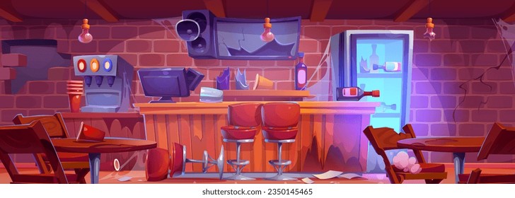 Broken down abandoned bar counter interior - damaged and closed pub or cafe rack with waste and cobweb, crashed tv and hole in wall, smashed furniture and cashier. Cartoon vector illustration.