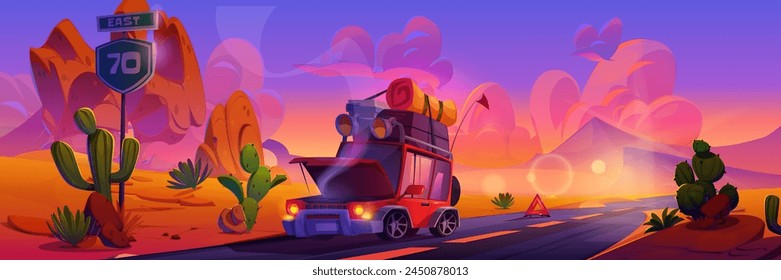 Broken down car with luggage on roof and smoke coming from under open hood standing on road in desert with cactus and rock hills on sunset or sunrise. Cartoon evening landscape with vehicle breakdown.