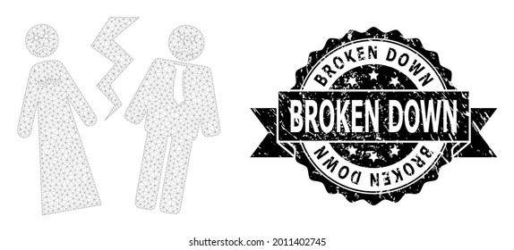 Broken Down scratched stamp and vector broken wedding mesh structure. Black stamp includes Broken Down text inside ribbon and rosette. Abstract flat mesh broken wedding, built from flat mesh.