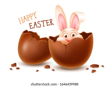 Broken Easter chocolate egg made from dark chocolate with cheerful Easter bunny inside. Two halves chocolate eggshell with fun rabbit. Vector illustration.
