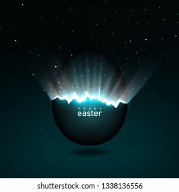 Broken easter egg giving birth to the universe. Rays of light and space with stars from cracks in an easter egg on a dark background. Vector, space for text, creative greeting card design