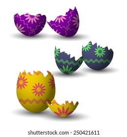 Broken easter eggs collection with decoration. Vector illustration.