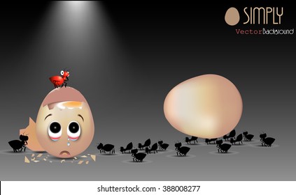 broken egg with ants on black background with light