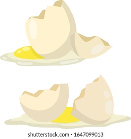Huevo roto. tortilla de cocina y desayuno. Problemas de comida en la cocina. Dibujo plano de caricatura. Fragmentos de shell. Yema filtrado