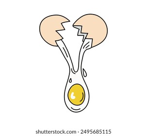 Broken egg, cooking scrambled eggs. Food, drawing, doodles. World Egg Day. Eggshell. Natural nutrition. Vector illustration, isolated background.