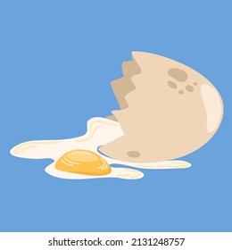 Broken egg. Cracked egg with shell and yolk isolated on blue background. Hand drawn vector illustration