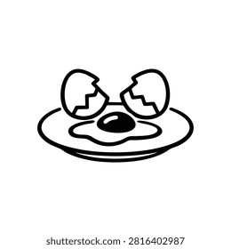 Broken egg dish icon with cracked eggshell and yolk on plate, broken egg dish outline illustration for breakfast food and cooking design