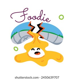 Broken egg with foodie word, flat style sticker 