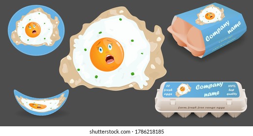 Broken egg is fried in oil. Cartoon style character for sticker or label. Eco-friendly cardboard packaging for food. Set of vector elements for design.