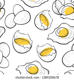 Broken egg seamless pattern, natural farm cooking. White and yolk cracked shell decoration. Vector line art eggs illustration