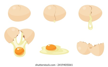 Broken egg sequence game animation set. Animated action steps of cracking, shell breaking into two halves, raw yellow yolk and white falling out near empty eggshells cartoon vector illustration