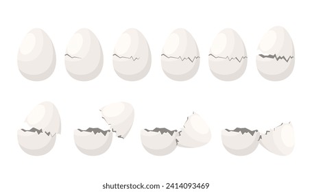 Broken egg set, sequence game animation. Eggshell crack steps for cooking, breaking stages from whole to half cracked empty egg with crash damage and white pieces of shell cartoon vector illustration