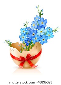 broken egg shell with red bow and forget-me-not flowers vector illustration, isolated on white background