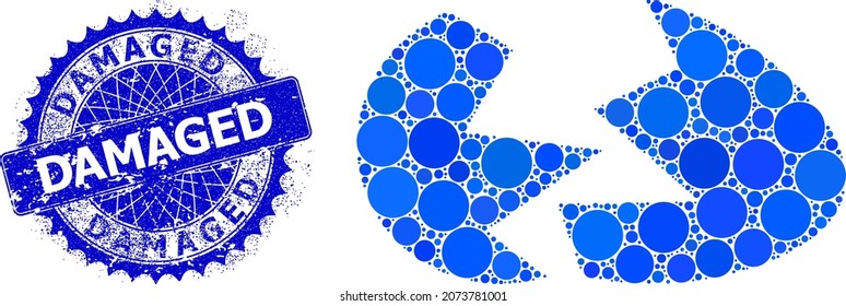 Broken egg shell vector collage of dots in different sizes and blue color hues, and textured Damaged stamp seal. Blue round sharp rosette stamp seal contains Damaged caption inside it.