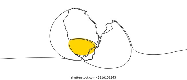 Broken egg shell with yellow yolk made in one continuous line art style.