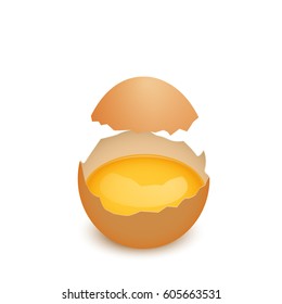 Broken egg shell with yolk, realistic vector illustration, isolated on white