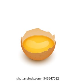 Broken egg shell with yolk, vector, isolated on white