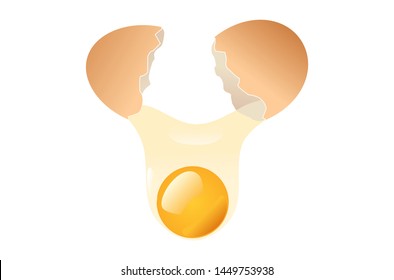 Broken egg shells with yolk falling down isolated on white background.