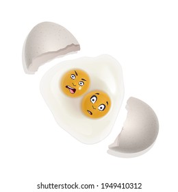 Broken egg with two yolks, eggs with emotions on a white background, vector format