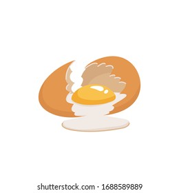 Broken egg with yolk. Cracked brown chicken egg on white background. Flat style vector illustration