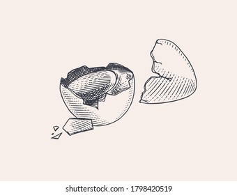 Huevo roto con yema y concha. Producto de granja. Esbozo retro grabado a mano. Estilo Woodcut. Ilustración vectorial para menú o afiche.