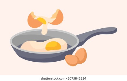 Broken eggs in frying pan. Scrambled eggs, protein, natural product. Delicious food, traditional breakfast. Cafeteria, restaurant. Cooking, preparing meal, chef. Cartoon flat vector illustration