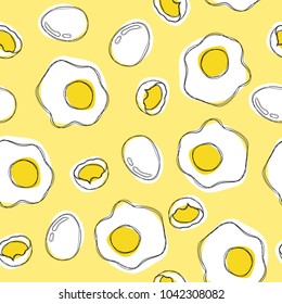 Broken eggs hand draw seamless pattern. Scrambled eggs. Breakfast and kitchen background. Vector illustration
