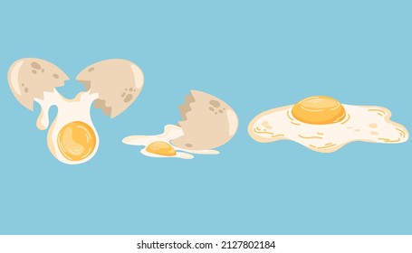 Huevos rotos y huevos revueltos. Aves de corral. Yolk, albumen, bergshell. Alimentos saludables. Ideal para imprimir menús y carteles en el restaurante. Ilustración del vector de dibujos animados de mano