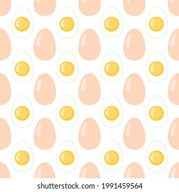 Broken eggs seamless pattern. Scrambled eggs with a seamless pattern. Scrambled eggs, isolated on a yellow background. Vector, illustration