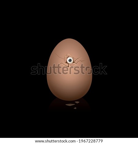 Broken eggshell, baby chick looking out with one eye, hatching chicken, symbolic for apprehension, insecurity, fear or for courage. Vector illustration on black background.
