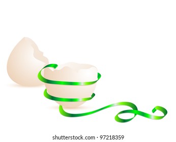 Broken eggshell with curly green ribbon