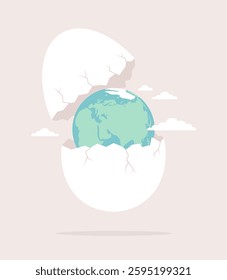 Broken eggshell with Earth globe inside. Flat vector illustration