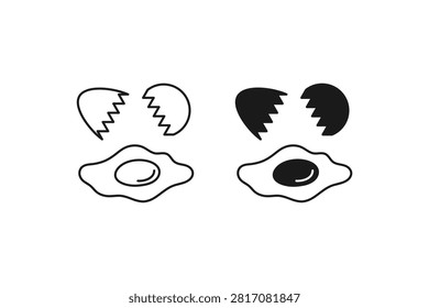 Broken Eggshell and Fried Sunny Side Up Egg Cooking Line Art and Solid Icon Set