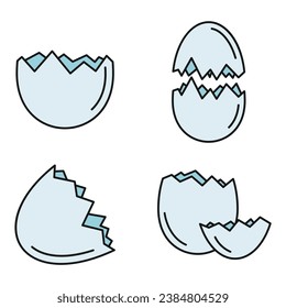 Broken eggshell icons set. Outline set of broken eggshell vector icons thin line color flat on white
